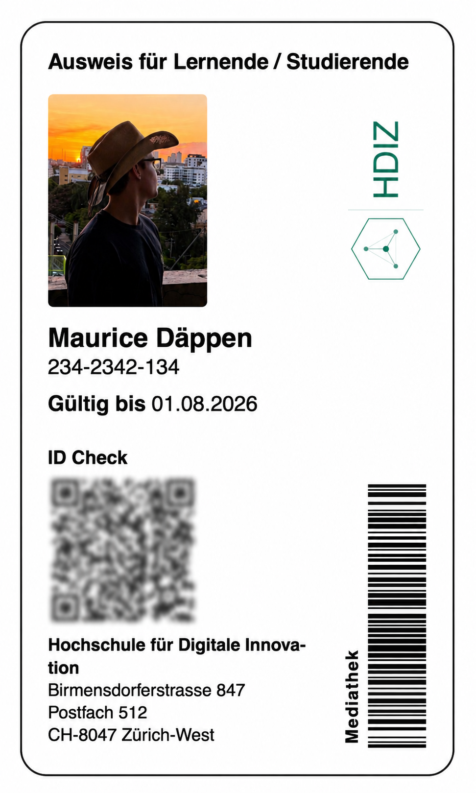 A digital student ID card shown on a phone, with photo, name, validity date, and a QR code